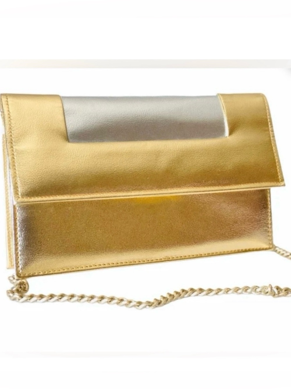 Vtg.50s Warborg Hong Kong Art Deco shiny gold and silver bag with chain strap.